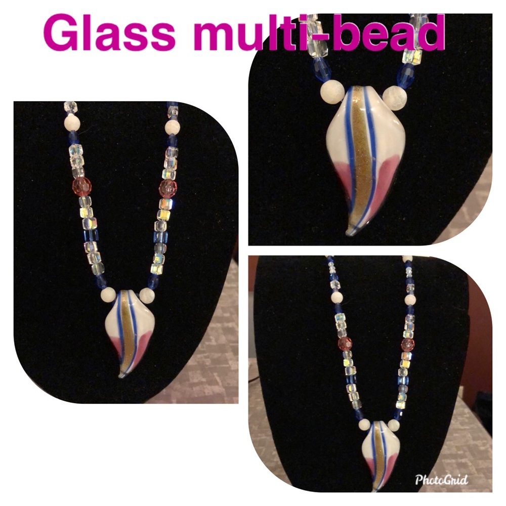 Blue, pink & white beaded necklace, handmade